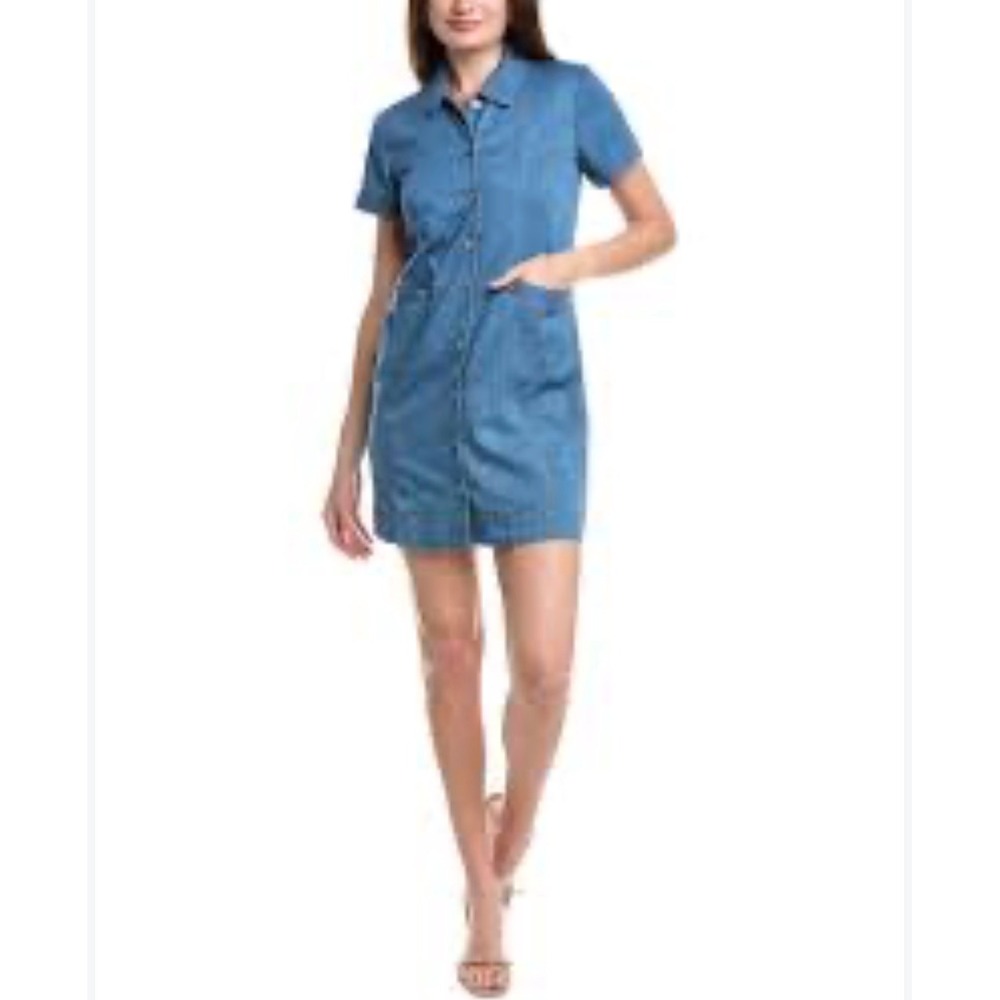 Cabi Denim Shirt Dress Womens XL Blue Short Sleeve Button Front Mini Pockets